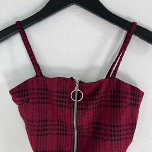 Maroon and Black Plaid Zip-Up Top